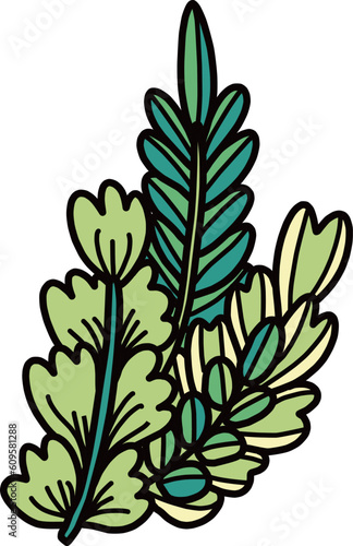 複数の種類の枝葉が束になったイラスト