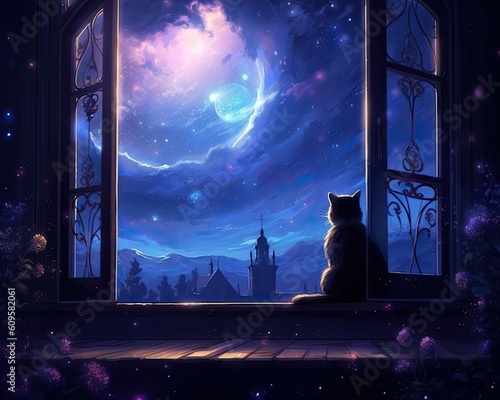 windowsill, gazing at the moon. deep blues and purples for the sky and add delicate stars to create a dreamy atmosphere 