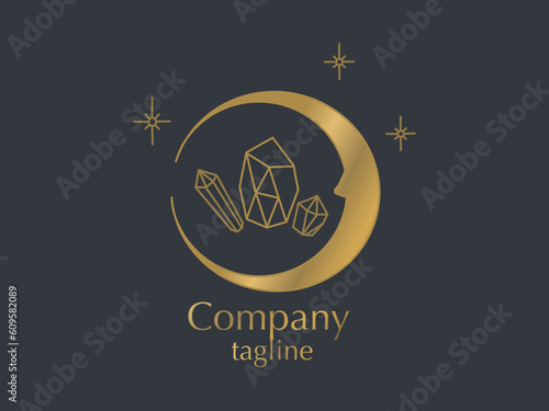 Vector logo golden mystical moon. Logotype gold crescent. Spiritual moon with crystal logo for buisness.