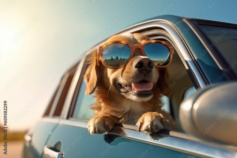 Naklejka premium Dog with big sunglasses sitting in car window. Generative ai