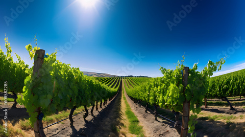 A beautiful vineyard with neat rows of grapevines and a blue sky overhead created with Generative AI technology