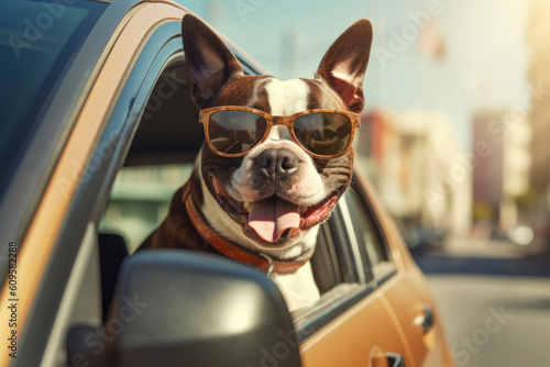 Dog with sunglasses and tongue out in a car. Generative ai © sanneberg