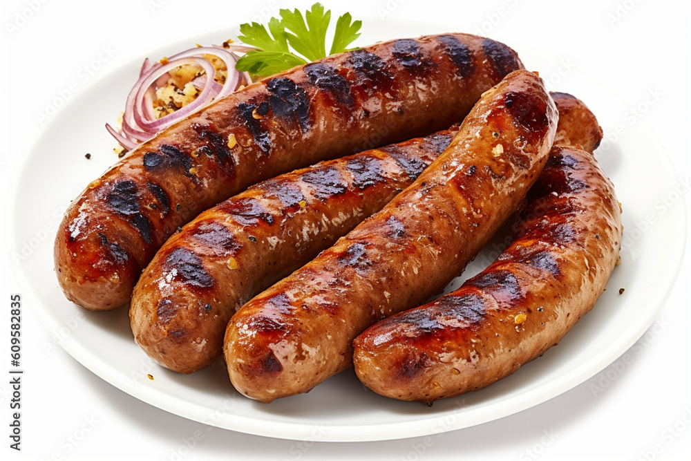 Grilled sausages on a plate isolated on white background Grilled sausages on a plate isolated on white background