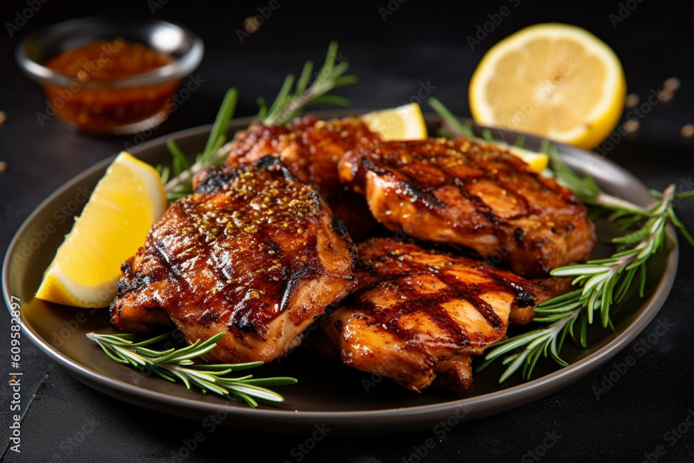 Grilled chicken breast with rosemary and sauce on black background with Generative AI.