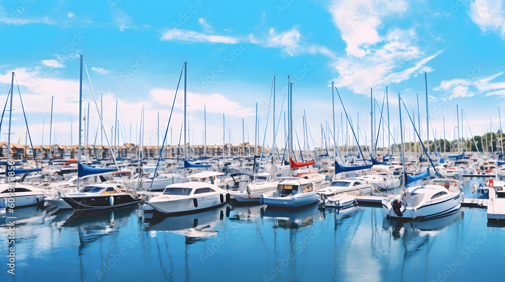 A panoramic view of a bustling marina filled with sailboats and yachts created with Generative AI technology