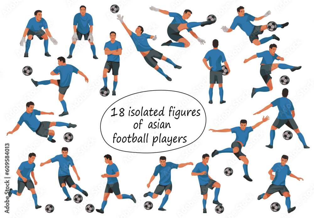 Vector figures of thai or japan football players and goalkeepers in blue T-shirts in various poses on a white background