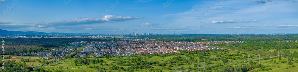 Drone panorama over the outskirts of Frankfurt with the city of Moerfelden-Walldorf and the airport
