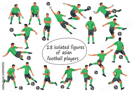 Vector isolated figures of asian football players and goalkeepers in green equipment in various poses and motion