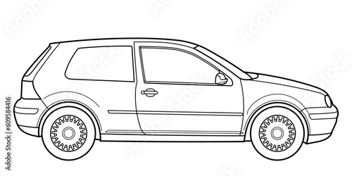 Outline drawing of a hatchback car from rear and side 3d view. Classic style. Vector outline doodle illustration. Design for print or color book.