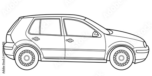 Outline drawing of a hatchback car from rear and side 3d view. Classic style. Vector outline doodle illustration. Design for print or color book.