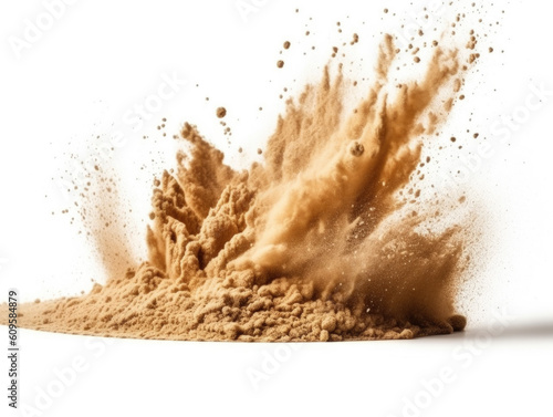 Golden sand explosion isolated on white background. Abstract sand cloud. Gold sand splash against on clear background. Sandy fly wave in the air.