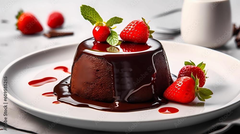 chocolate cake with strawberries. Chocolate pudding with sauce on white plate. Close up view chocolate cake with strawberries. Chocolate pudding with sauce on white plate. Close up view