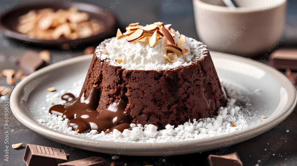Chocolate pudding with almond garnish. Chocolate cake on white plate 