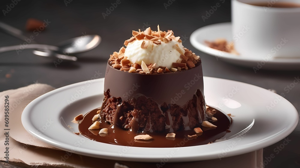 Chocolate pudding with almond garnish. Chocolate cake on white plate Chocolate pudding with almond garnish. Chocolate cake on white plate