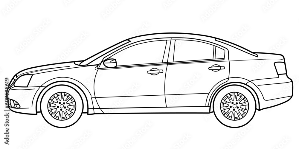 Classic sedan car. 4 door car on white background. Side view shot. Outline doodle vector illustration	
