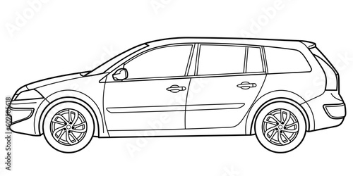 classic station wagon. Different five view shot - front  rear  side and 3d. Outline doodle vector illustration  