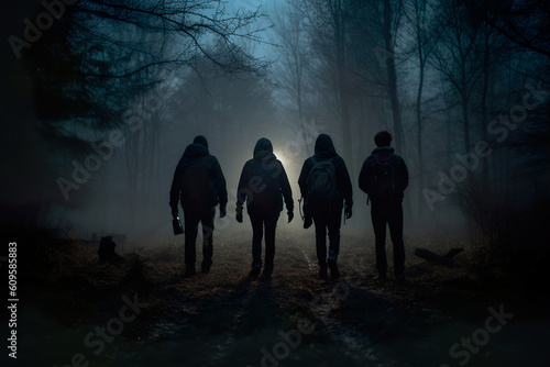Fotografia Young Adults Embarking on a Nighttime Forest Trek