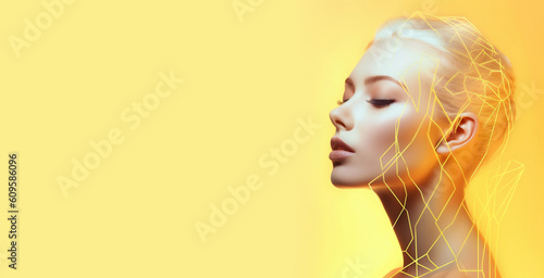 Woman young virtual make up face digital analysis by artificial intelligence concept, banner illustration yellow background. Generative AI