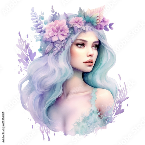 Beautiful Mermaid Watercolor Clipart, Under the Sea, Fantasy Mermaid, Cute Mermaid Watercolor, made with generative AI