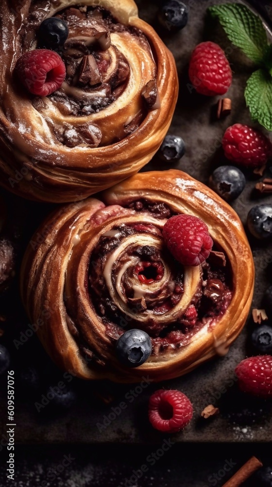 Close-up of cinnamon buns drizzled with icing and berries decor, created with generative ai. Top view. Dark background