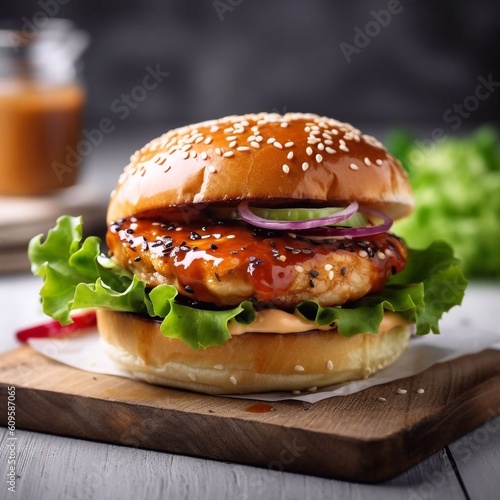 Delicious fish burger. Burger stuffed grilled fish steak, sause, greens and onion on wooden background. AI generated, cabbage, sause, 
