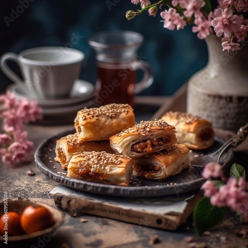 Freshly baked walnut baklawa in plate on dark background with coffee cup and flowers decor. AI generated photo