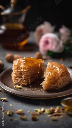  Freshly baked honey baklawa in plate on dark background. AI generated photo