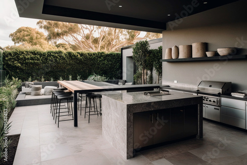 outdoor patio entertainment area with a built - in barbecue and a bar setup. generative AI