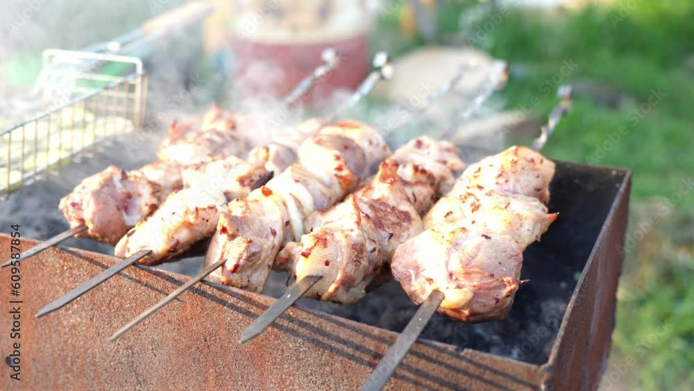 Close-up of grilling tasty dish on barbecue. Process of cooking yummy shashlik in nature. Delicious food on metal skewer in bbq. Time to picnic concept. Street food. Food festival. Pork at the stake Close-up of grilling tasty dish on barbecue. Process of cooking yummy shashlik in nature. Delicious food on metal skewer in bbq. Time to picnic concept. Street food. Food festival. Pork at the stake