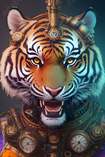 A Tiger Head With Stempunk Elements, Generative AI