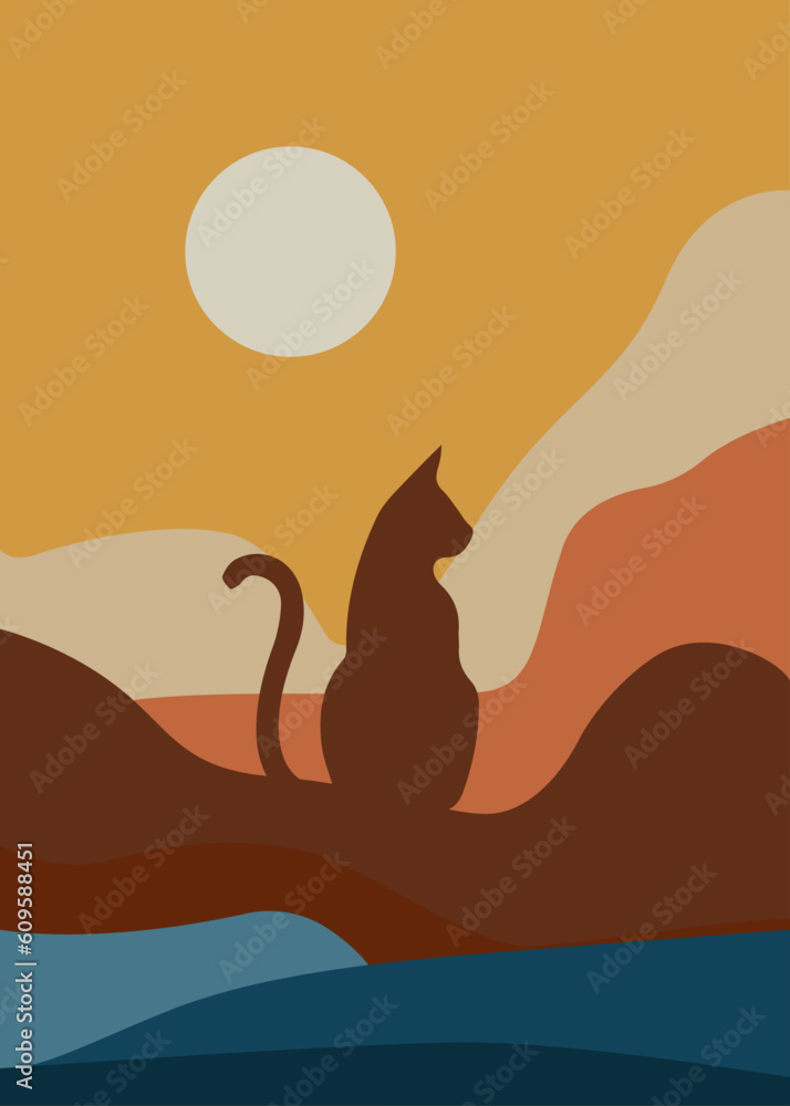 Cat Animal and Moon, Minimal Cute Cat Art Cat Animal and Moon, Minimal Cute Cat Art