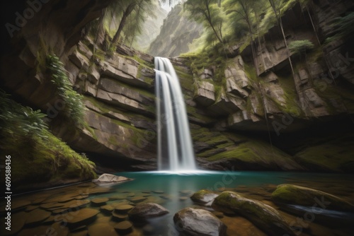 Tranquil Waterfall Cascading Down a Lush Green Cliff Ai Generated