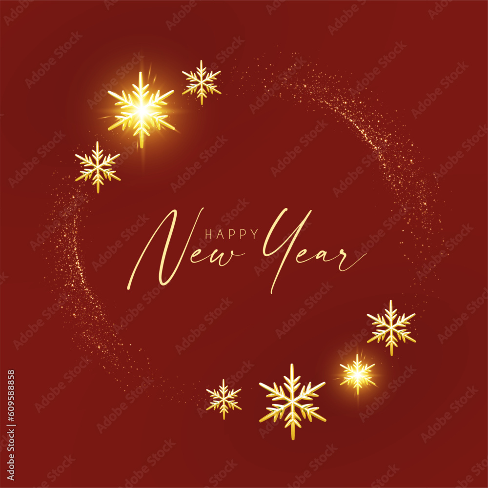 Happy New Year shining banner design with glitter and gold snowflakes.