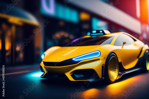 Yellow modern futuristic taxi car with colourful illuminated city  town. city neon lights. sunset rays between skyscrapers. Future urban scene. one curvy cab vehicle. night scene. Generative ai.