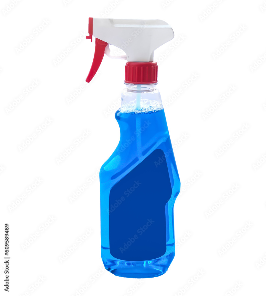 Glass cleaner spray bottle in with blue liquid and empty label for design, transparent background. Detergent bottle png Glass cleaner spray bottle in with blue liquid and empty label for design, transparent background. Detergent bottle png