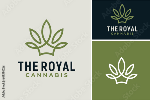 Queen King Royal Crown with Cannabis Marijuana Hemp Weed Leaf for Premium CBD product logo design