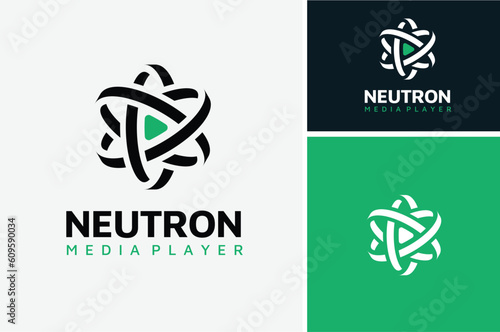 Music Video Clip Play Button with Atom Nucleus Orbit for Science Media Player Apps Icon Logo design