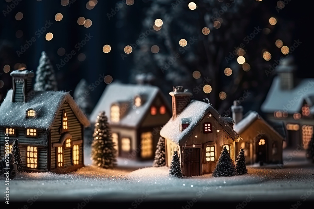 Christmas decorative cute clay toy houses and small fir trees covered with snow, created with Generative AI.