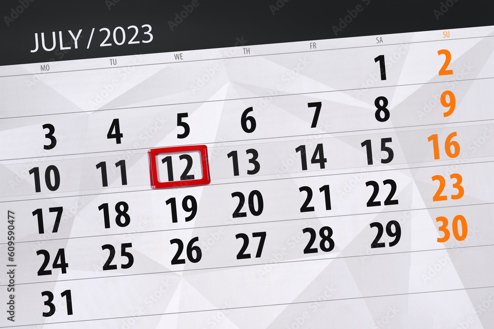 Calendar 2023, deadline, day, month, page, organizer, date, July, wednesday, number 12 Calendar 2023, deadline, day, month, page, organizer, date, July, wednesday, number 12