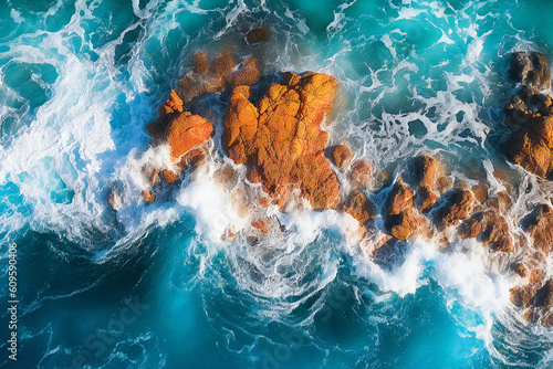 Aerial view of ocean waves crashing on the shore. Created with Generative AI technology.