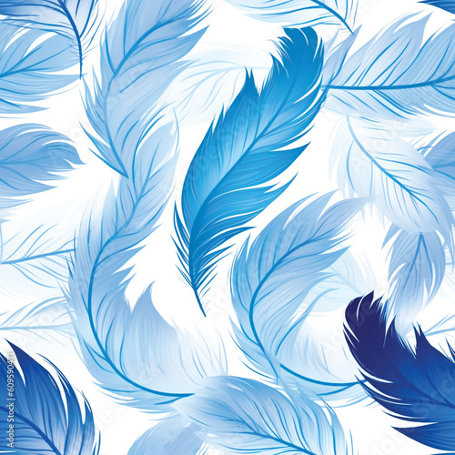 Blue elegant feathers pattern. Seamless pattern. Created with Generative AI technology.