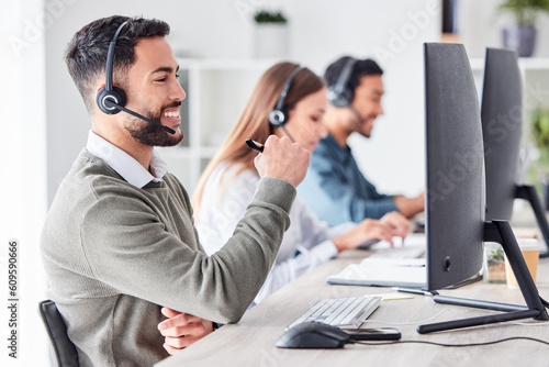 Fotomurale Man, call center and working in team office with headset, computer for online customer support, service or help