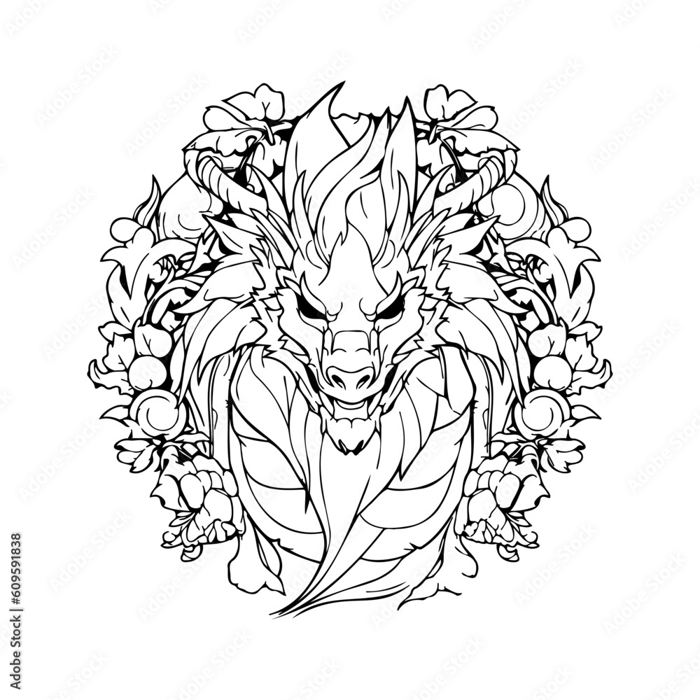 Coloring book with dragon year of the dragon 2024 linear black and