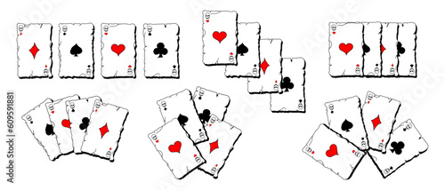 Set of different combination of playing cards with aces. Torn cards. Old Poker cards with heart, spade, club and diamond. Hand-drawn illustration, vector isolated on background.