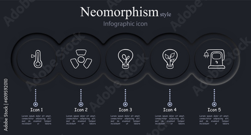 Set of eco-friendly energy icons representing renewable energy sources such as solar power, wind power, hydroelectricity, and geothermal energy. Neomorphism style. Vector line icon