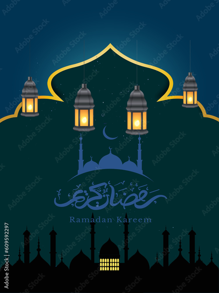 Ramadan Kareem greeting card. Vector template of a greeting card with intricate Arabic lamp and Mosque - Illustration. 3D illustration of Mosque with golden lamp lantern. logo design template.