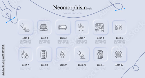 Set of voting icons representing the democratic process and participation in elections. Neomorphism style. Vector line icon