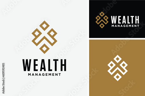 Golden initial Letter W Wealth with luxury square line logo design