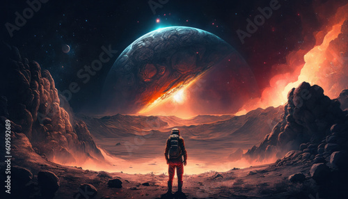 A breathtaking space art image featuring a lone astronaut standing on a barren alien planet, staring up at a massive glowing nebula that dominates the sky. Generative AI