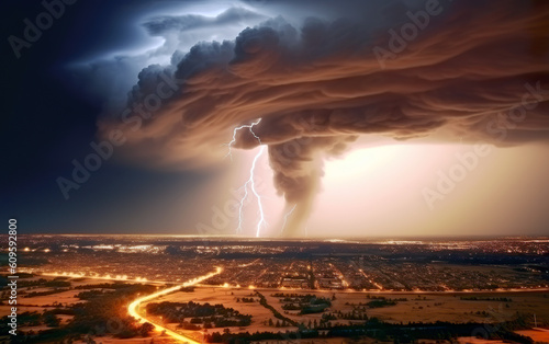 A tornado is formed in the middle of thunder and lightning, which causes great damage to the desert landscape. It destroys everything in its path. Tornado background. AI generated.